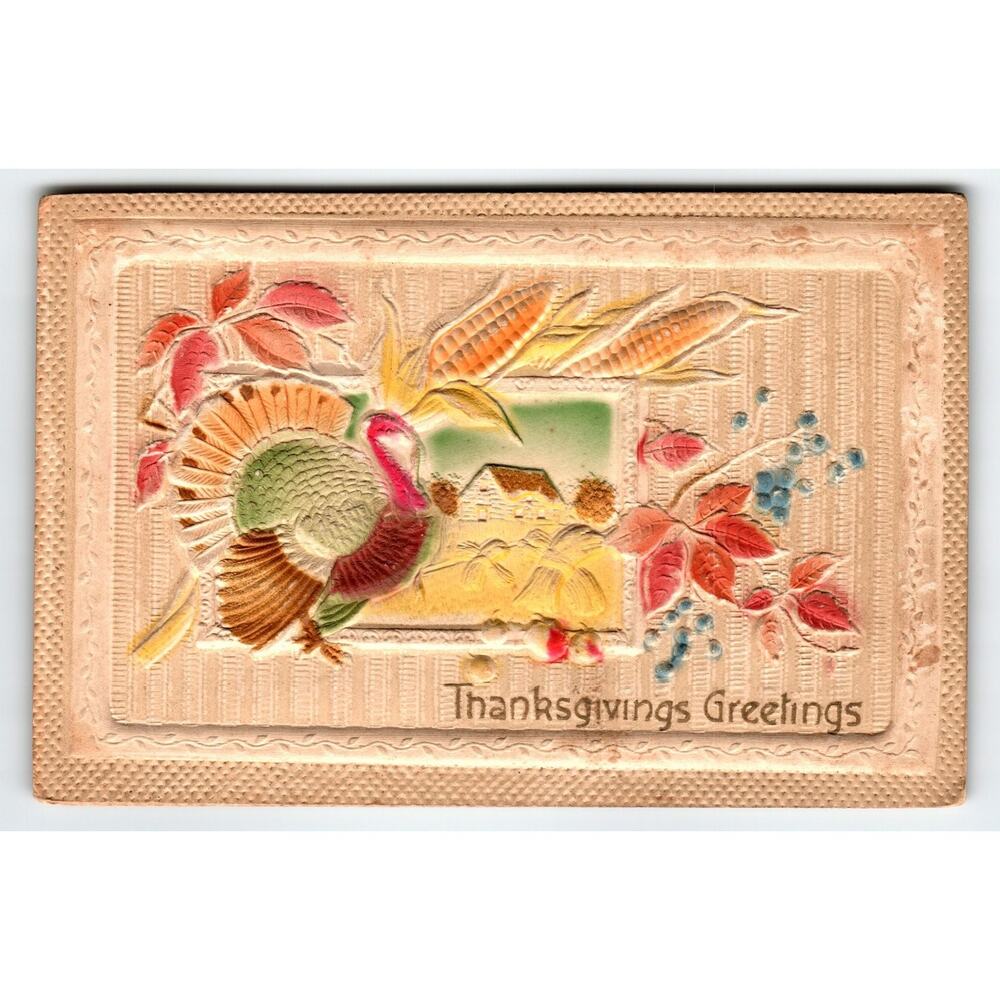 Vintage Thick Airbrushed Embossed Thanksgiving Postcard with Turkey & Corn 1919